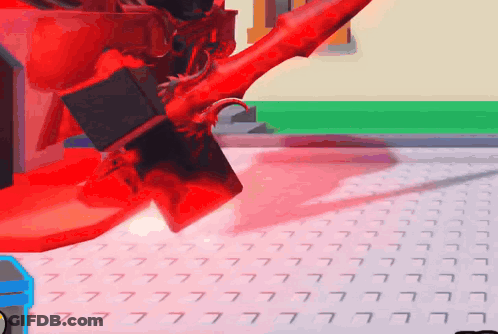 A Red Robot Is Standing On A White Tile Floor With The Number 7 On It GIF