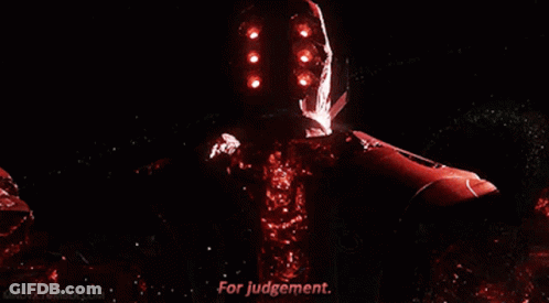 A Red Robot Says For Judgement In The Dark GIF