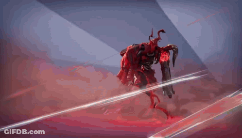 A Red Robot With Horns And A Gun Is Flying Through The Air In A Video Game . GIF