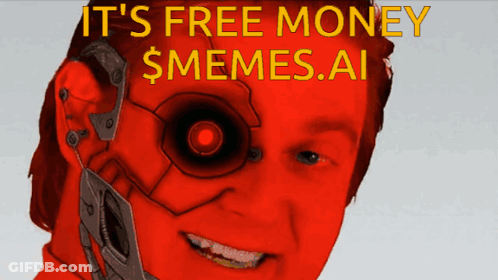 A Red Robotic Face With The Words " It 'S Free Money $Memes.ai " Above It GIF