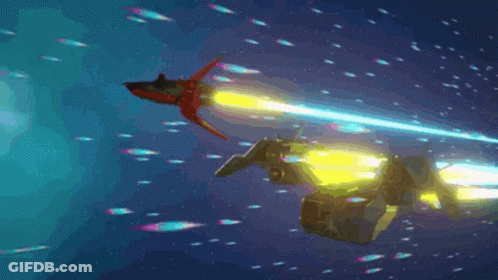 A Red Rocket Is Flying Through The Air While A Yellow Rocket Is Flying Behind It GIF