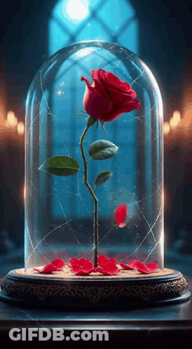 A Red Rose In A Glass Dome With Petals On The Table GIF