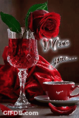 A Red Rose Is Sitting Next To A Glass Of Red Wine And A Cup Of Coffee . GIF