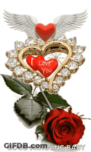 A Red Rose Is Sitting Next To A Heart Shaped Pendant With Wings And Diamonds . GIF