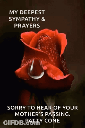 A Red Rose With A Tear Coming Out Of It And The Words " My Deepest Sympathy & Prayers " GIF