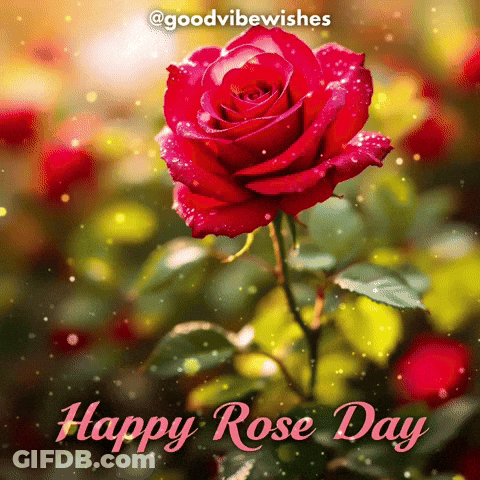 A Red Rose With Water Drops On It And The Words Happy Rose Day On The Bottom GIF