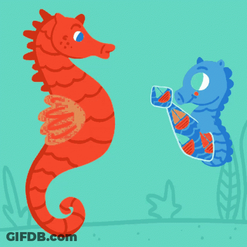 A Red Seahorse And A Blue Seahorse Are Wearing Ties GIF