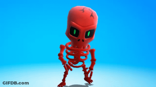 A Red Skeleton With Green Eyes And A Broken Head GIF