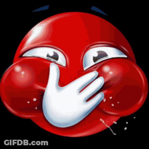 A Red Smiley Face Covering Its Mouth With A White Hand GIF