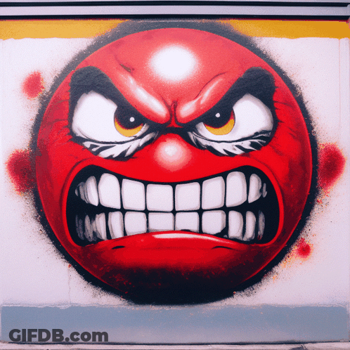 A Red Smiley Face With A Very Angry Expression On It GIF