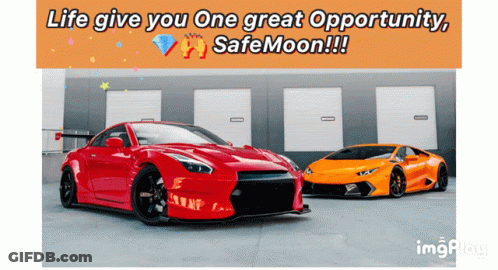 A Red Sports Car And An Orange Sports Car Are In A Parking Lot With A Sign That Says Life Give You One Great Opportunity GIF