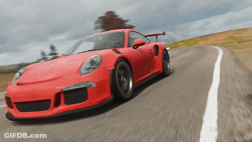 A Red Sports Car Is Driving Down A Road In A Video Game GIF