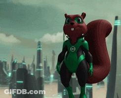A Red Squirrel In A Green Lantern Costume Is Standing In Front Of A Futuristic City GIF