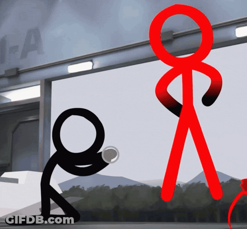 A Red Stick Figure Is Standing Next To A Black Stick Figure In Front Of A Sign That Says 1 - A GIF