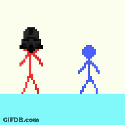A Red Stick Figure With A Black Helmet Stands In Front Of Two Blue Stick Figures GIF
