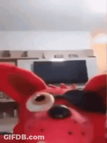 A Red Stuffed Animal Wearing Sunglasses Is Sitting In Front Of A Laptop Computer . GIF