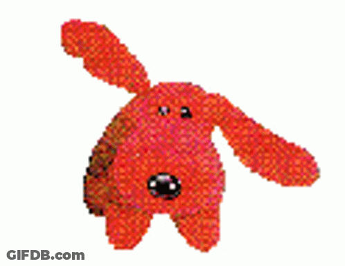 A Red Stuffed Animal With A Black Nose Is Standing On A White Background . GIF