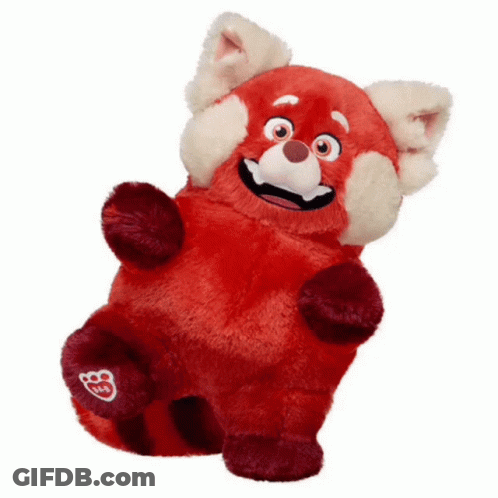 A Red Stuffed Animal With A Build A Bear Logo On Its Paw GIF