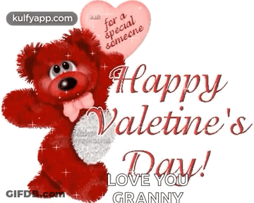 A Red Teddy Bear Is Holding A Pink Heart And Says Happy Valentine 'S Day GIF