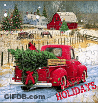 A Red Truck With A Christmas Tree In The Back Is On A Puzzle GIF