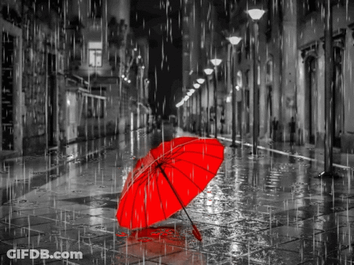 A Red Umbrella Is Sitting In The Rain On A City Street GIF