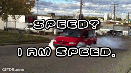 A Red Van Is Driving Down A Street With The Words " Speed I Am Speed " Written Above It GIF