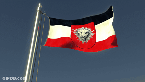 A Red White And Black Flag With A Lion On The Shield GIF