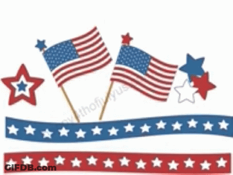 A Red White And Blue Banner With Stars And Flags On It GIF