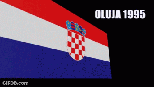 A Red White And Blue Flag With A Crown And The Year 1995 On The Bottom GIF