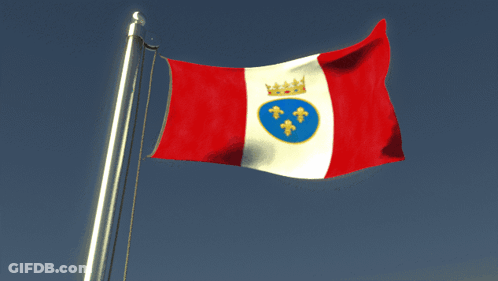 A Red White And Blue Flag With A Crown On It Is Flying In The Wind GIF
