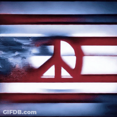 A Red White And Blue Flag With A Peace Sign In The Center GIF