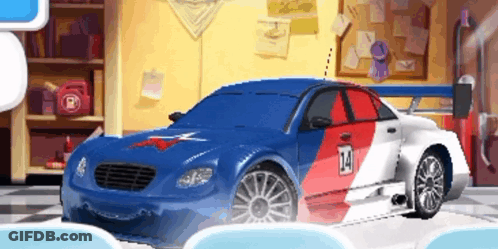 A Red White And Blue Race Car With The Number 14 On The Side GIF