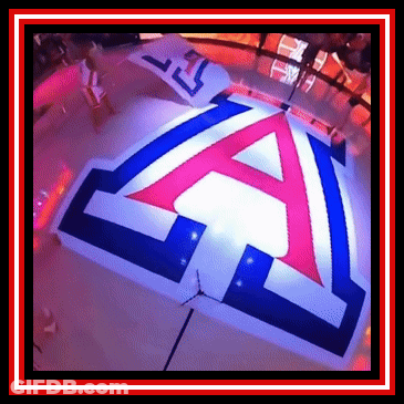 A Red White And Blue Umbrella With An A On It GIF