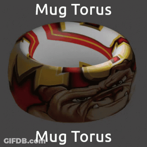A Red White And Gold Ring That Says Mug Torus On It GIF