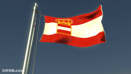 A Red White And Yellow Flag With A Gold Crown On It GIF