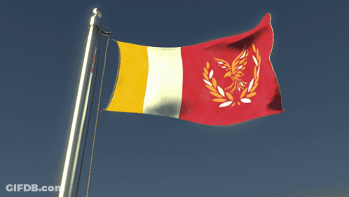 A Red Yellow And White Flag With A Bird On It GIF