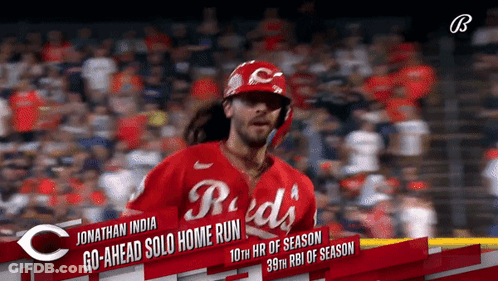 A Reds Baseball Player Named Jonathan India Runs Towards Home Plate GIF