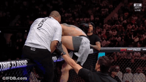 A Referee Holds The Leg Of A Fighter In A Cage During A Ufc Fight GIF