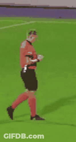 A Referee Is Walking On A Soccer Field Holding A Red Card . GIF