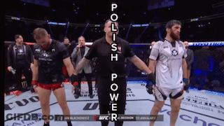 A Referee Stands Between Two Fighters With The Words Polish Power Written On The Bottom GIF