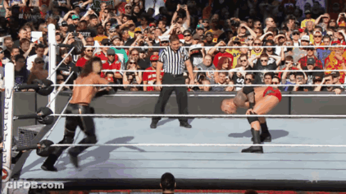 A Referee Stands In A Wrestling Ring Watching A Match GIF