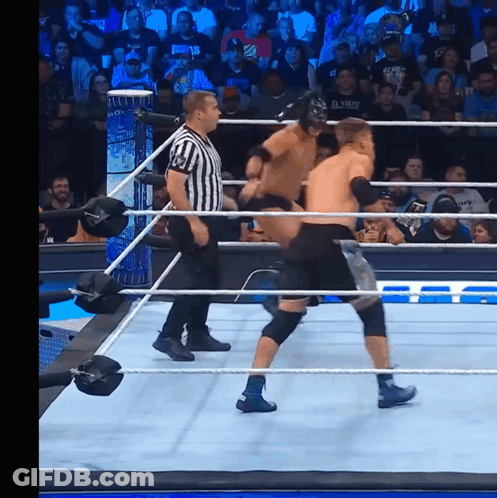 A Referee Stands In A Wrestling Ring Watching Two Wrestlers Fighting GIF
