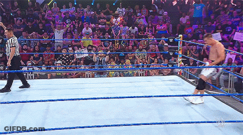A Referee Stands In The Middle Of A Wrestling Ring Watching A Wrestler GIF