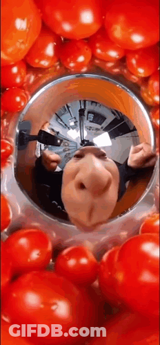 A Reflection Of A Person 'S Face In A Bowl Of Tomatoes . GIF