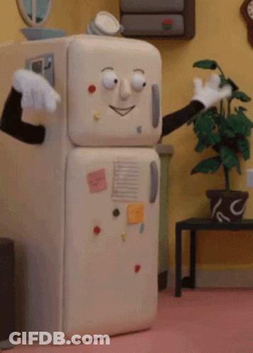 A Refrigerator With A Face And Arms Is In A Room GIF