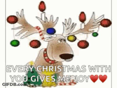 A Reindeer With Christmas Lights On Its Antlers Is Sitting Next To A Christmas Tree . GIF
