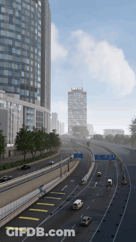 A Rendering Of A Highway With A Building In The Background That Says ' United Airlines ' GIF
