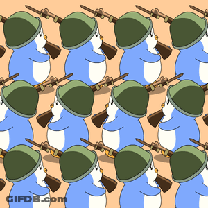 A Repeating Pattern Of Penguins Wearing Military Hats And Holding Guns GIF