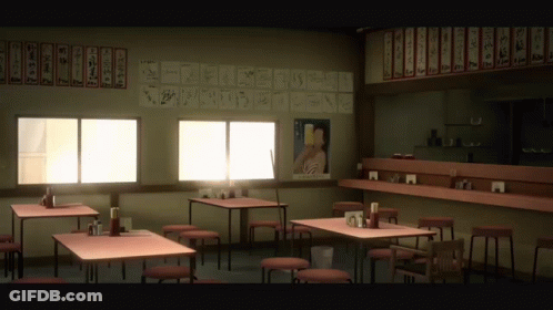 A Restaurant With Tables And Chairs And A Sign On The Wall That Says ' A ' GIF