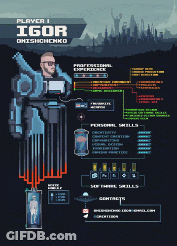 A Resume For Player Igor Onishchenko Is Displayed In A Pixel Art Style GIF